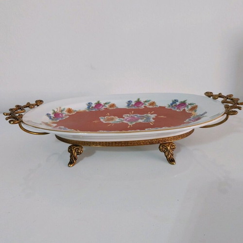 Vintage Furstenberg Germany porcelain serving tray with metal frame