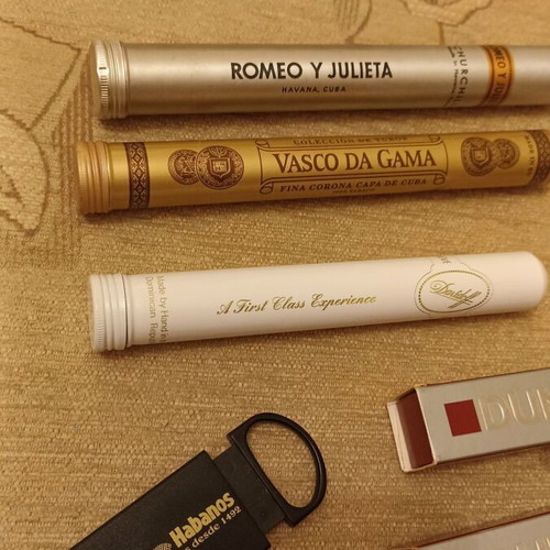 Vintage Dunhill matchboxes and aluminum cigar tubes used set