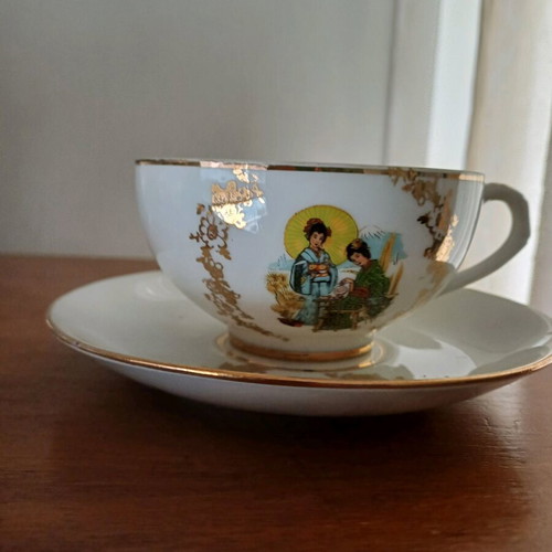 Japanese eggshell porcelain tea set new with lithophane Geisha and gold details