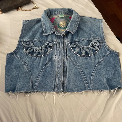 Vintage Bianca Maria Caselli denim vest crop with rhinestones pearls, like new, L