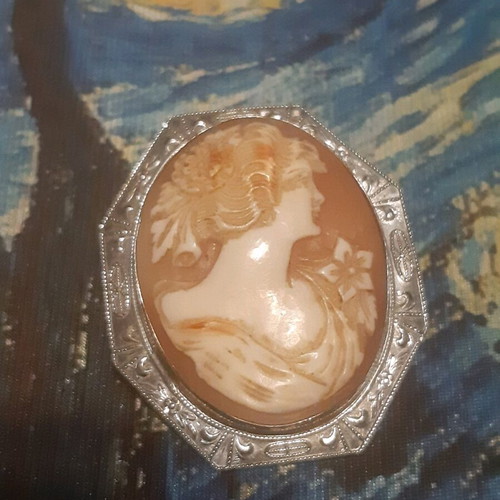 Vintage brooch like new with silver frame and carved bone relief