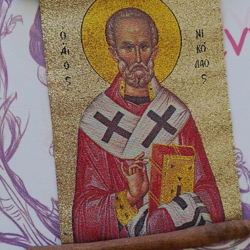 Saint Nicholas icons like new, fabric with cinnamon sticks, set of 2