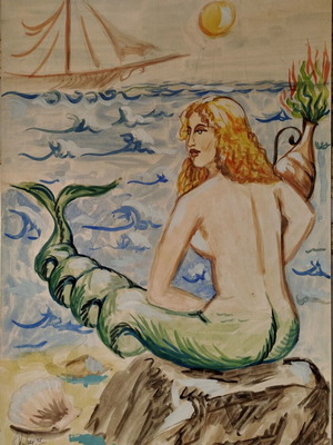 Mermaid watercolor on cardboard like new with 5 gift sketches