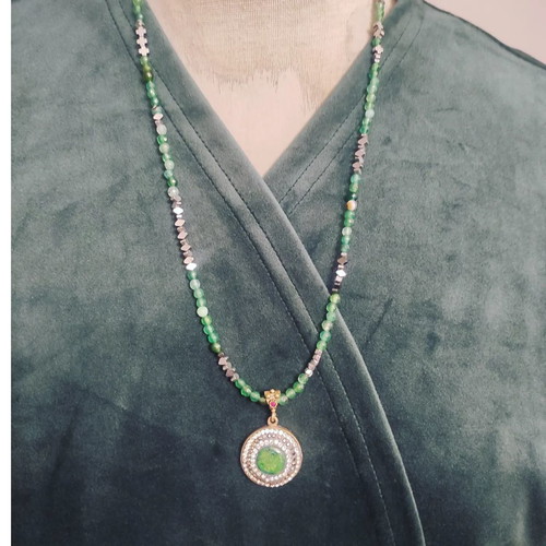 Necklace used vintage 925 silver with green semi-precious stones