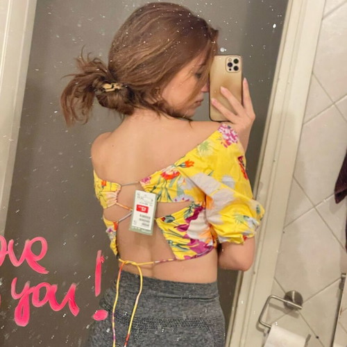 H&M Floral Puff Sleeve Crop Top new, multicolor yellow, size XS