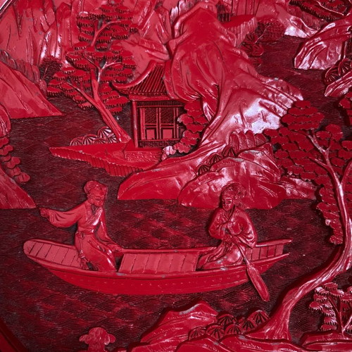 Vintage Chinese handmade Red Cinnabar decorative plate used