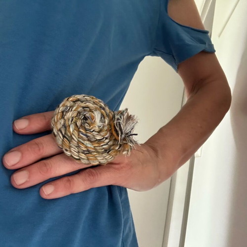 90s Handmade Adjustable Statement Ring with Woven Threads Boho Style