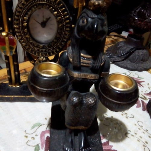 Ethnic table clock and two candle holders set used, Egyptian style
