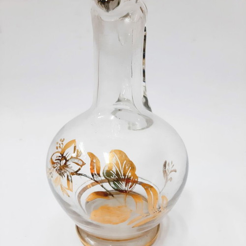 Vintage glass jug with golden floral motif, like new, 1960s