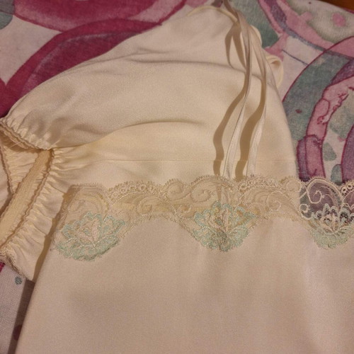 Retro baby doll with delicate lace and embroidered floral details, cream satin, size L, like new