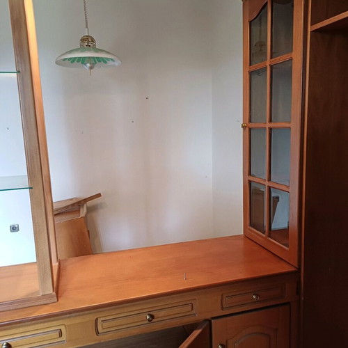 Wooden walnut display cabinet unit with lighting and storage spaces