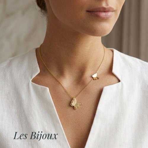 Necklace with Double Butterfly Design in Gold Stainless Steel New