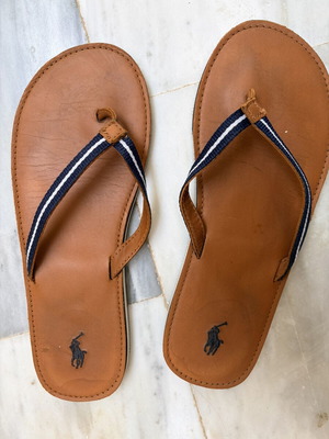 Flip Flops used, size 38, tan and blue