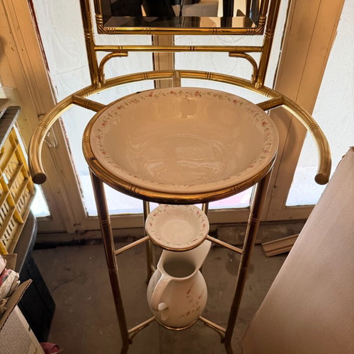 Antique washstand with mirror, porcelain and brass base like new
