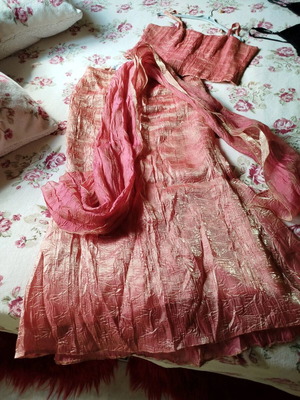 Vintage formal set used skirt mermaid top scarf apricot