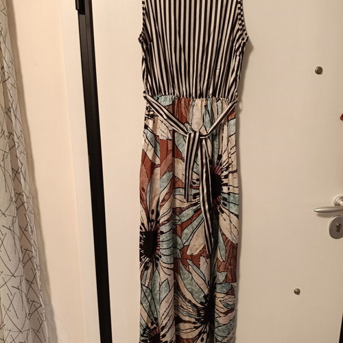 Women's long maxi dress with striped top and floral skirt