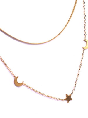 Διπλό κολιέ Celestial Magic καινούργιο, χρυσό layering με φεγγάρια και αστέρια