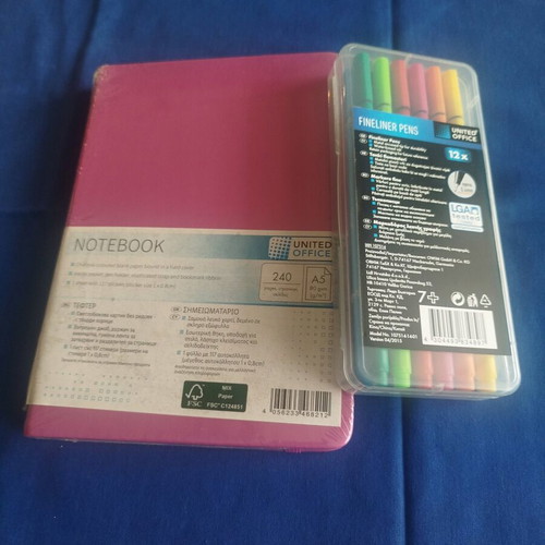 Large pink notebook and United Office fineliner pen set new