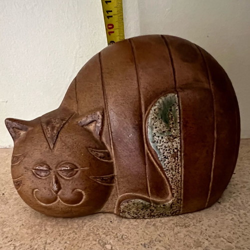 Vintage ceramic cat piggy bank used, Mid-Century Modern