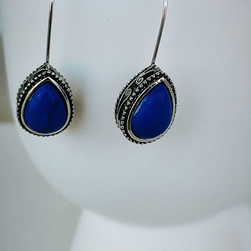 Boho silver teardrop earrings with blue stone