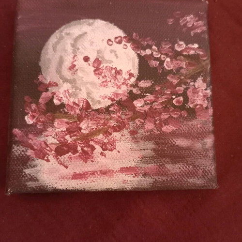 Small canvas painting new with acrylics, sakura cherry blossoms under moonlight