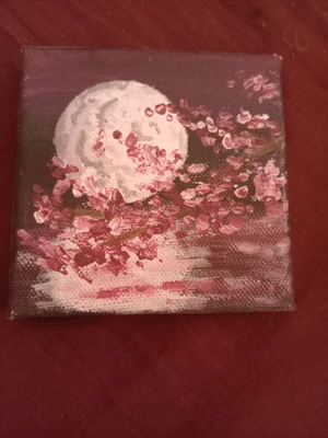 Small canvas painting new with acrylics, sakura cherry blossoms under moonlight