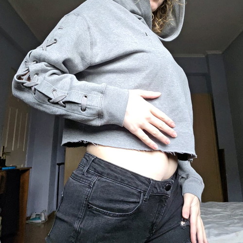 PINK Victoria’s Secret grey cropped hoodie with lace-up sleeves, like new, size M