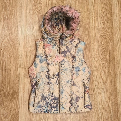 Daite Womens Hooded Puffer Vest faux fur trim, floral skull print, size UK 12 EU 38, like new