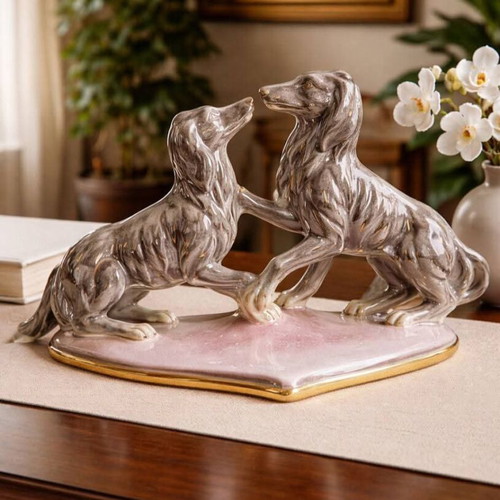 Vintage porcelain Borzoi decoration used, hand decorated 1960s