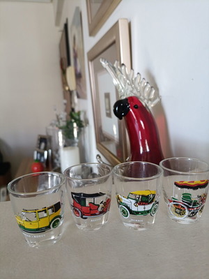 Vintage shot glasses with Austin, Rolls Royce, Morris, Daimler cars, set of 4