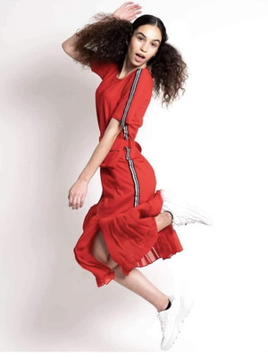 Red street style dress new with belt and pleated details