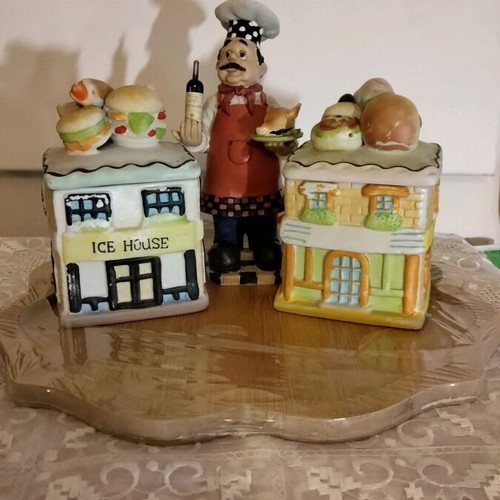 Kitchen spice set like new with ceramic jars and bamboo wooden tray