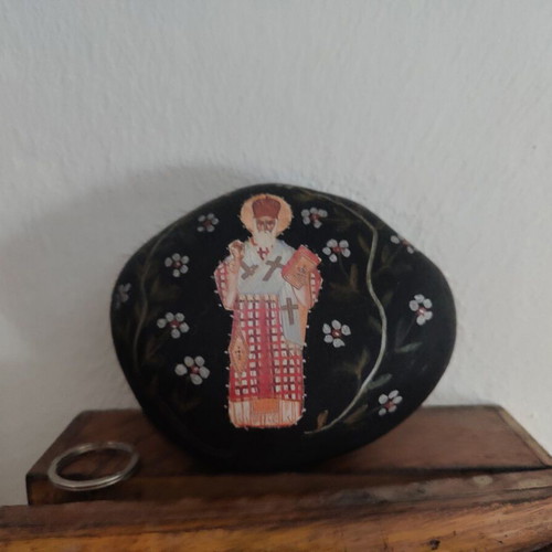 Hand Painted Icon on Stone of Agios Nektarios from Aegina Monastery