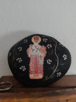Hand Painted Icon on Stone of Agios Nektarios from Aegina Monastery