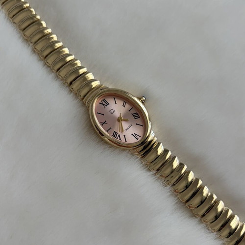 Vintage gold watch with pink dial, new quartz women's