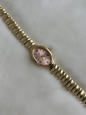 Vintage gold watch with pink dial, new quartz women's