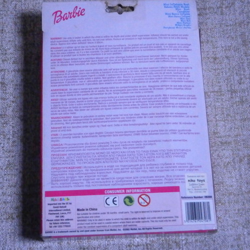 Barbie set of 4 inflatable boat, life buoy, swimming goggles, rackets new with box