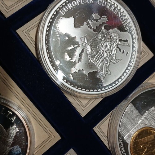European coin collection with silver and gold-plated medals, pre-euro