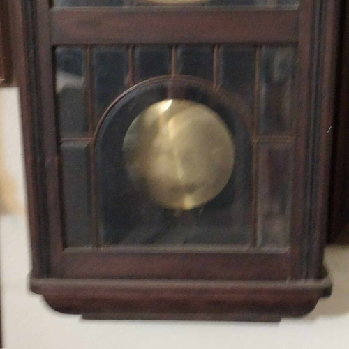 Wall clock pendulum used, wooden, old, with door and winding key