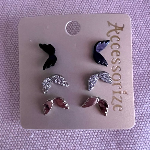 Set of 3 angel wing earrings new, black, with rhinestones, gold