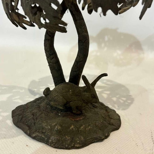 Brass sculpture rabbit under palm used, vintage 18x13