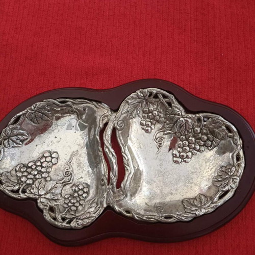 Plate for pistachios used, metal silver with wooden base