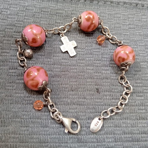 Esprit vintage 925 silver bracelet with glass beads and cross charm