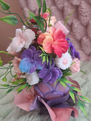Bouquet of scented glycerin flowers in decorative pot