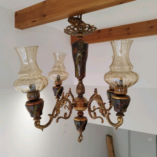 Pair of chandeliers used with ceramic base, five-light and four-light