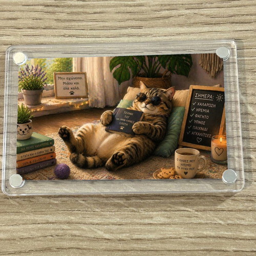 Acrylic fridge magnet "Μην αγχώνεσαι" Relax Cat Mood new