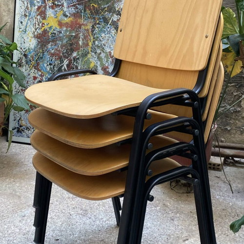 Vintage Italian chairs set of 4 used, metal frame and plywood