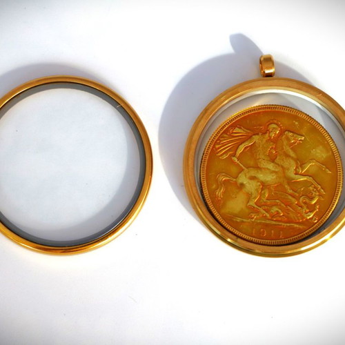 English Gold Pound Pendant 22K Gold Plated in Glass Case