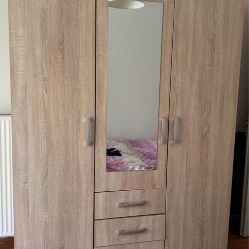 Three-door wardrobe with mirror, light oak color