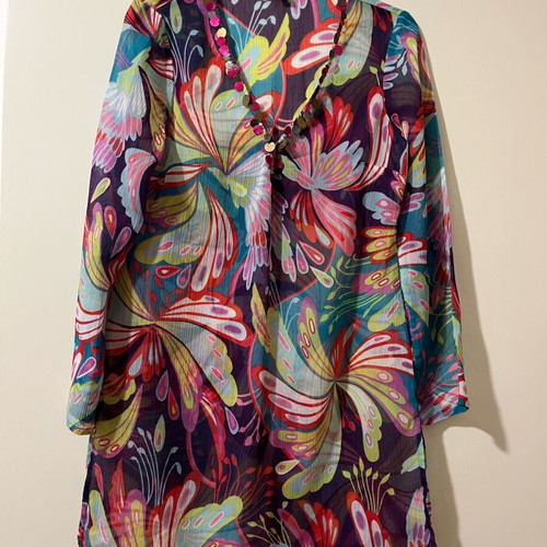 Caftan with transparency and sequins in V neckline like new, multicolor